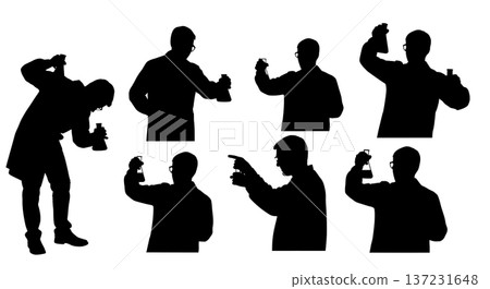 Black Solid Chemist Silhouettes Holding Beakers Set of Six on White Background 137231648