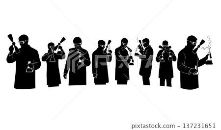 Black Solid Chemist Wafting Technique Silhouettes Set of Six on White Background 137231651