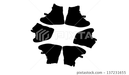 Black Solid Trainers Circle Arrangement Silhouettes Set of Six on White Background Black Solid Trainers Circle Arrangement Silhouettes Set of Six on White Background 137231655