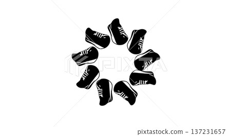 Black Solid Trainers Circle Arrangement Silhouettes Set of Six on White Background Black Solid Trainers Circle Arrangement Silhouettes Set of Six on White Background 137231657