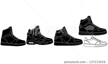 Black Solid Classic Court Trainer Silhouettes Set of Six on White Background Black Solid Classic Court Trainer Silhouettes Set of Six on White Background 137231659