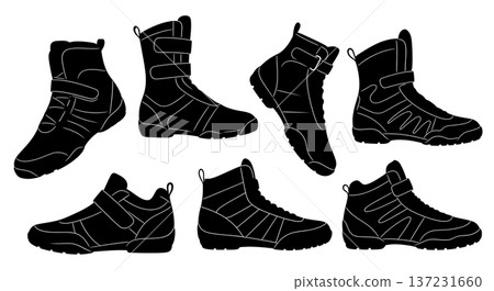 Black Solid Cheerleading Stunt Shoe Silhouettes Set of Six on White Background Black Solid Cheerleading Stunt Shoe Silhouettes Set of Six on White Background 137231660