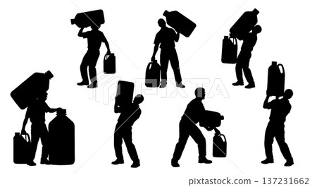 Black Solid Chemist Carrying Bottles Silhouettes Set of Six on White Background Black Solid Chemist Carrying Bottles Silhouettes Set of Six on White Background 137231662