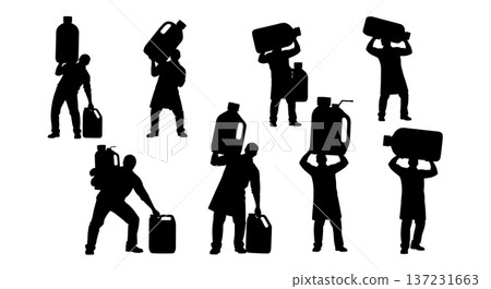 Black Solid Chemist Carrying Bottles Silhouettes Set of Six on White Background 137231663