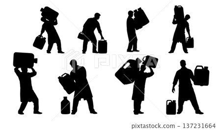 Black Solid Chemist Carrying Bottles Silhouettes Set of Six on White Background Black Solid Chemist Carrying Bottles Silhouettes Set of Six on White Background 137231664