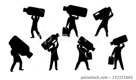 Black Solid Chemist Carrying Bottles Silhouettes Set of Six on White Background Black Solid Chemist Carrying Bottles Silhouettes Set of Six on White Background 137231665