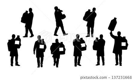 Black Solid Chemist Carrying Reagent Silhouettes Set of Six on White Background 137231668