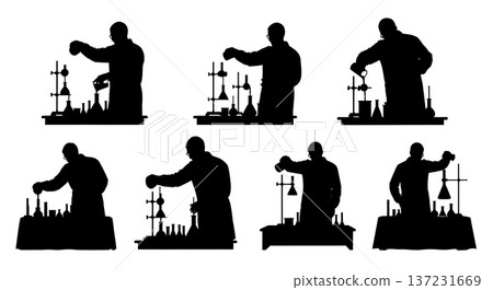 Black Solid Chemist Pouring Liquid Silhouettes Set of Six on White Background 137231669