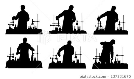 Black Solid Chemist Pouring Liquid Silhouettes Set of Six on White Background 137231670
