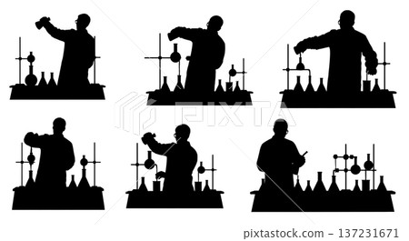 Black Solid Chemist Pouring Liquid Silhouettes Set of Six on White Background 137231671