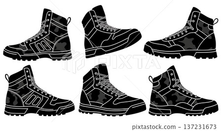 Black Solid Camouflage Army Trainer Silhouettes Set of Six on White Background Black Solid Camouflage Army Trainer Silhouettes Set of Six on White Background 137231673