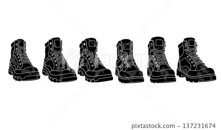 Black Solid Camouflage Army Trainer Silhouettes Set of Six on White Background Black Solid Camouflage Army Trainer Silhouettes Set of Six on White Background 137231674