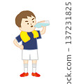 A soccer boy standing with a towel around his neck and his hands on his hips drinking water 137231825