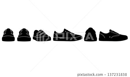 Black Solid Canvas Skate Shoe Silhouettes Set of Six on White Background Black Solid Canvas Skate Shoe Silhouettes Set of Six on White Background 137231838
