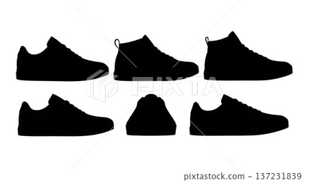 Black Solid Canvas Skate Shoe Silhouettes Set of Six on White Background 137231839