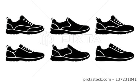 Black Solid Casual Walking Shoe Silhouettes Set of Six on White Background 137231841