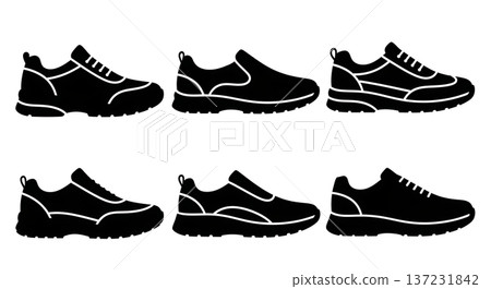 Black Solid Casual Walking Shoe Silhouettes Set of Six on White Background 137231842