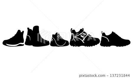 Black Solid Casual Walking Shoe Silhouettes Set of Six on White Background 137231844