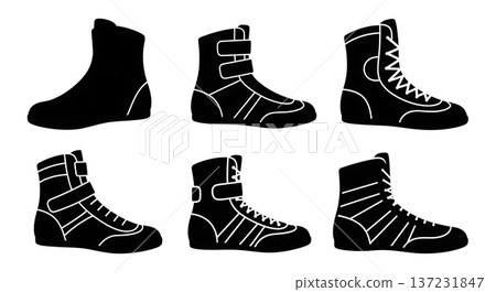Black Solid Boxing Wrestling Boot Silhouettes Set of Six on White Background 137231847
