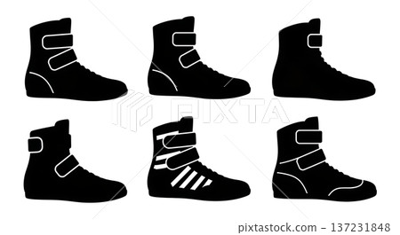 Black Solid Boxing Wrestling Boot Silhouettes Set of Six on White Background 137231848