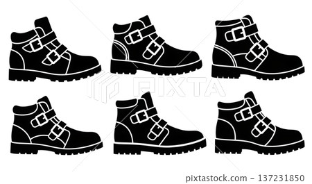 Black Solid Buckle Industrial Trainer Silhouettes Set of Six on White Background Black Solid Buckle Industrial Trainer Silhouettes Set of Six on White Background 137231850