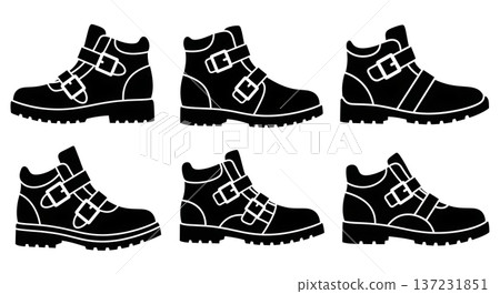 Black Solid Buckle Industrial Trainer Silhouettes Set of Six on White Background Black Solid Buckle Industrial Trainer Silhouettes Set of Six on White Background 137231851