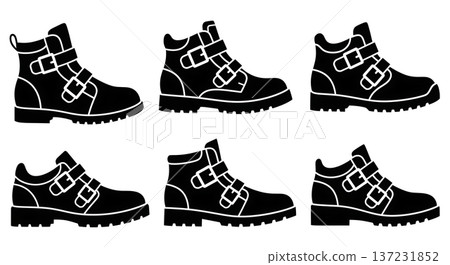 Black Solid Buckle Industrial Trainer Silhouettes Set of Six on White Background 137231852