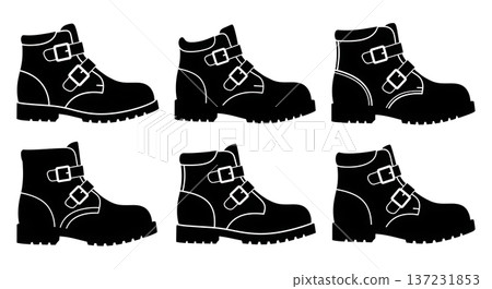 Black Solid Buckle Industrial Trainer Silhouettes Set of Six on White Background 137231853