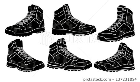 Black Solid Camouflage Army Trainer Silhouettes Set of Six on White Background Black Solid Camouflage Army Trainer Silhouettes Set of Six on White Background 137231854