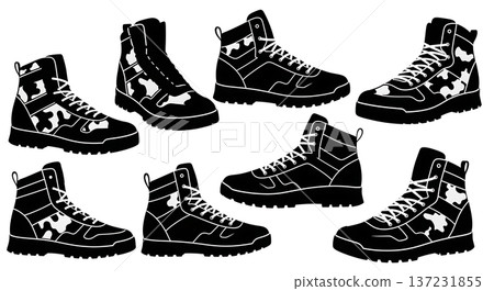 Black Solid Camouflage Army Trainer Silhouettes Set of Six on White Background 137231855