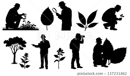 Black Solid Botanist Silhouettes Examining Plants Set of Six on White Background 137231862