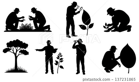 Black Solid Botanist Silhouettes Examining Plants Set of Six on White Background 137231865