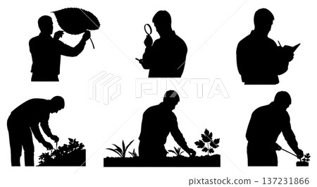 Black Solid Botanist Silhouettes Examining Plants Set of Six on White Background 137231866
