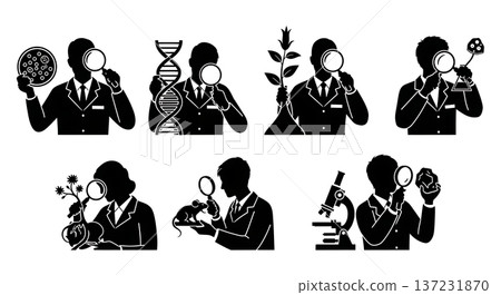 Black Solid Biologist Magnifying Glass Silhouettes Set of Six on White Background 137231870
