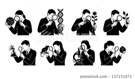Black Solid Biologist Magnifying Glass Silhouettes Set of Six on White Background 137231871
