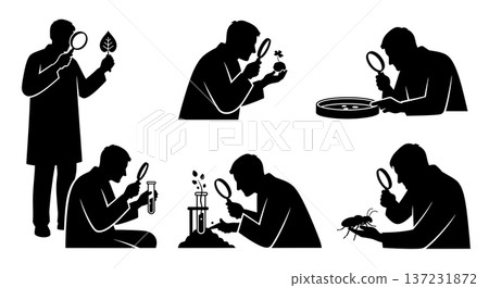 Black Solid Biologist Magnifying Glass Silhouettes Set of Six on White Background 137231872