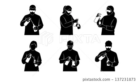 Black Solid Biologist Wash Bottle Silhouettes Set of Six on White Background Black Solid Biologist Wash Bottle Silhouettes Set of Six on White Background 137231873