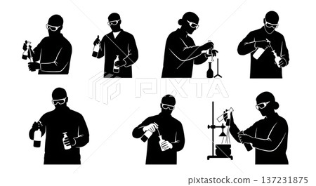 Black Solid Biologist Wash Bottle Silhouettes Set of Six on White Background 137231875
