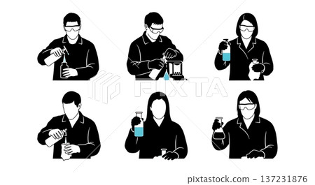 Black Solid Biologist Wash Bottle Silhouettes Set of Six on White Background 137231876