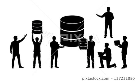 Black Solid Backend Developer Database Silhouettes Set of Six on White Background 137231880