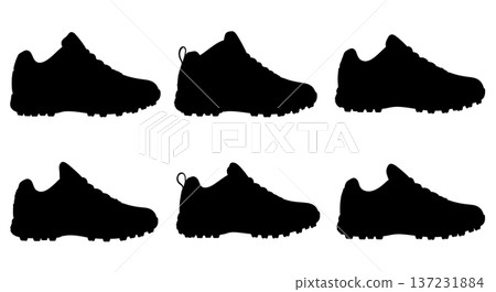 Black Solid Baseball Turf Shoe Silhouettes Set of Six on White Background Black Solid Baseball Turf Shoe Silhouettes Set of Six on White Background 137231884