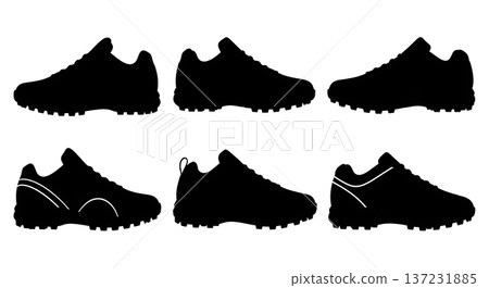 Black Solid Baseball Turf Shoe Silhouettes Set of Six on White Background Black Solid Baseball Turf Shoe Silhouettes Set of Six on White Background 137231885