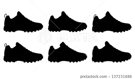 Black Solid Baseball Turf Shoe Silhouettes Set of Six on White Background Black Solid Baseball Turf Shoe Silhouettes Set of Six on White Background 137231886