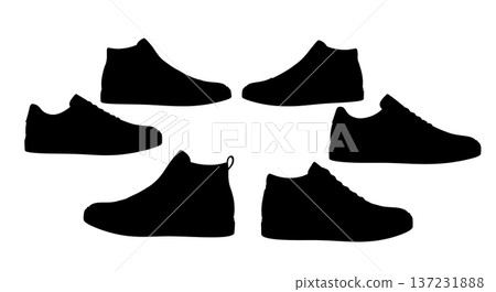 Black Solid Bespoke Handmade Trainer Silhouettes Set of Six on White Background 137231888