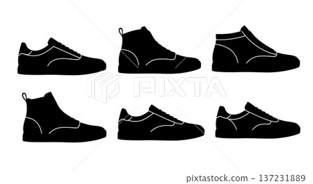 Black Solid Bespoke Handmade Trainer Silhouettes Set of Six on White Background 137231889