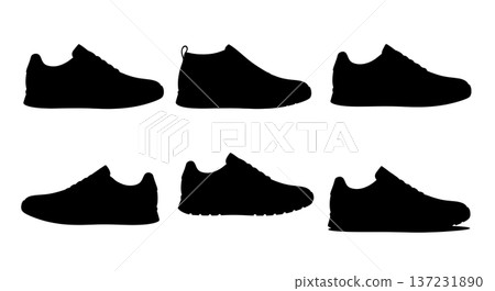 Black Solid Bespoke Handmade Trainer Silhouettes Set of Six on White Background Black Solid Bespoke Handmade Trainer Silhouettes Set of Six on White Background 137231890