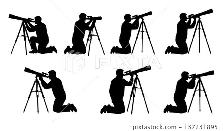 Black Solid Astronomer Silhouettes Using Telescopes Set of Six on White Background Black Solid Astronomer Silhouettes Using Telescopes Set of Six on White Background 137231895