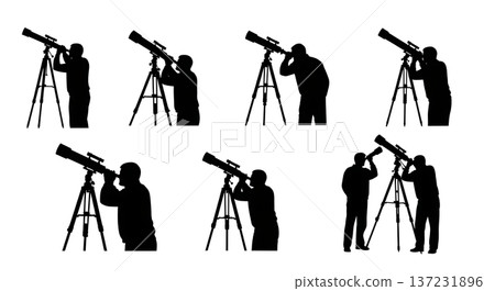 Black Solid Astronomer Telescope View Silhouettes Set of Six on White Background Black Solid Astronomer Telescope View Silhouettes Set of Six on White Background 137231896