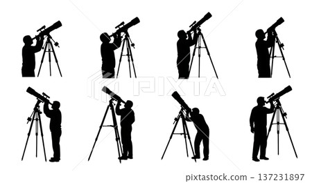 Black Solid Astronomer Telescope View Silhouettes Set of Six on White Background 137231897