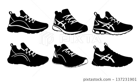 Black Solid Asymmetrical Lacing Trainer Silhouettes Set of Six on White Background 137231901